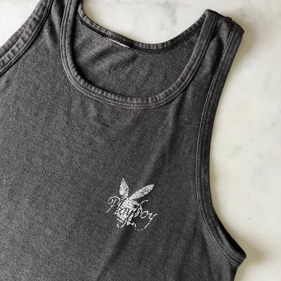 Vintage 80s Playboy Smurf Iron On Two Sided Black Tank Top / S M - Picture 3 of 7